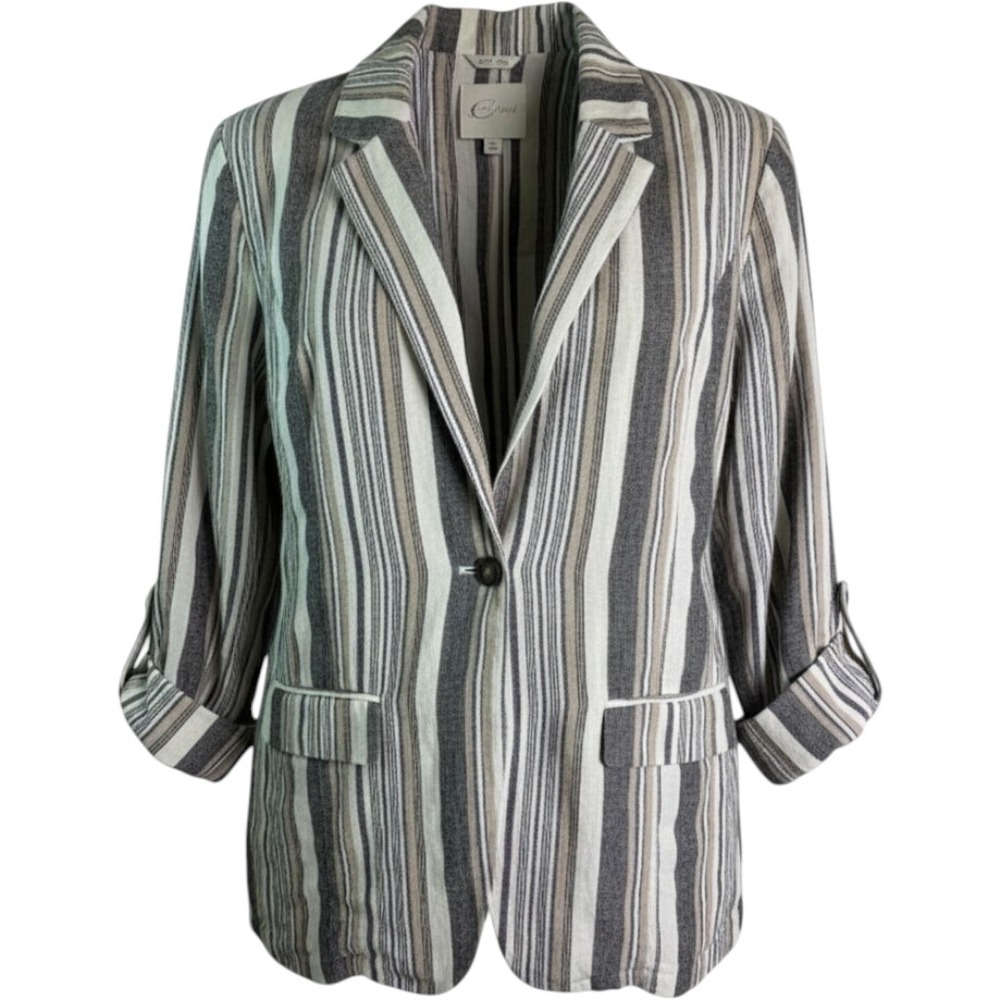 C. EST. 1946 Blazer Women Medium Multi-Color Striped Linen Blend Roll Tab Sleeve